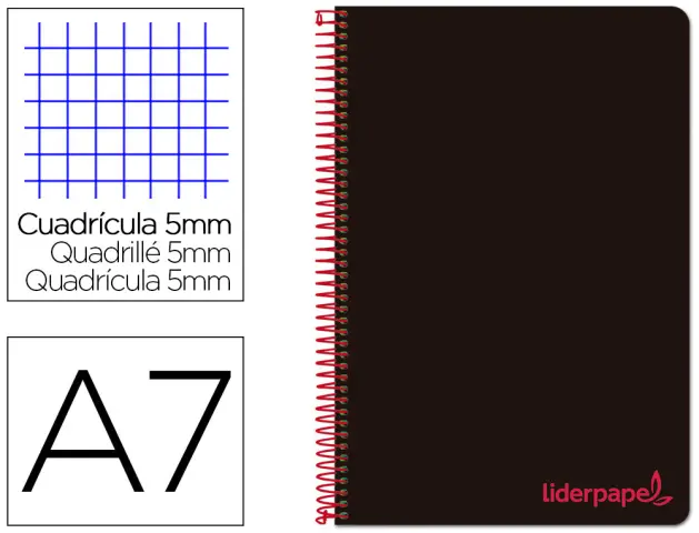Imagen Cuaderno espiral liderpapel a7 micro wonder tapa plastico 100h 90 gr cuadro 5mm 4 bandas color negro