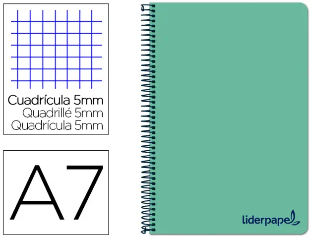 Imagen Cuaderno espiral liderpapel a7 micro wonder tapa plastico 100h 90 gr cuadro 5mm 4 bandas color verde