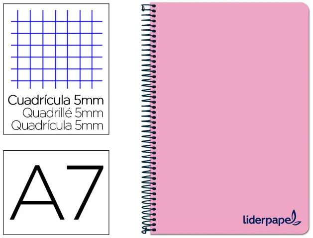 Imagen Cuaderno espiral liderpapel a7 micro wonder tapa plastico 100h 90 gr cuadro 5mm 4 bandas color rosa