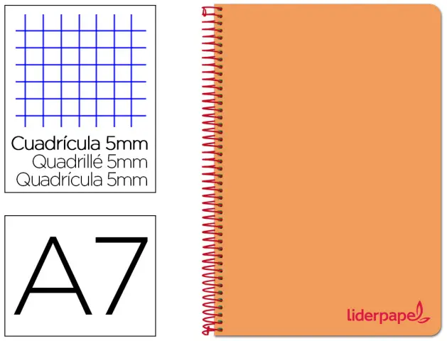 Imagen Cuaderno espiral liderpapel a7 micro wonder tapa plastico 100h 90 gr cuadro 5mm 4 bandas color naranja