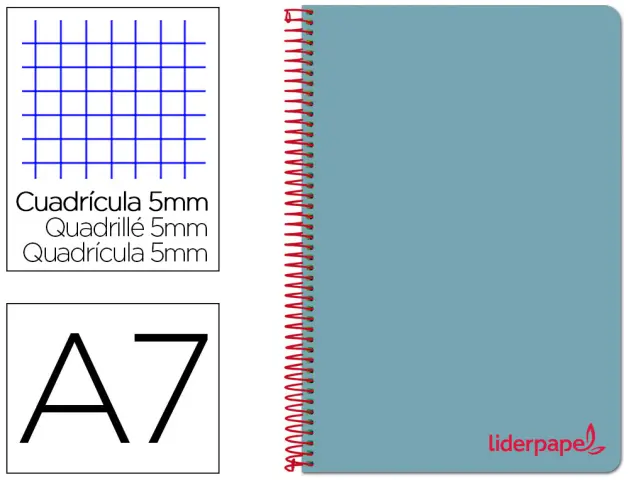 Imagen Cuaderno espiral liderpapel a7 micro wonder tapa plastico 100h 90 gr cuadro 5mm 4 bandas color celeste