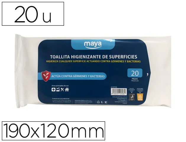 Imagen Toallita desinfectante para superficies medidas 190 x 120 mm pack 20 unidades