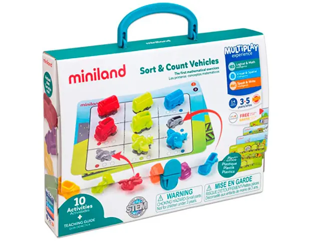 Imagen Juego miniland 36 vehiculos y 5 fichas de actividad a doble cara para logica matematica 310x70x531 mm