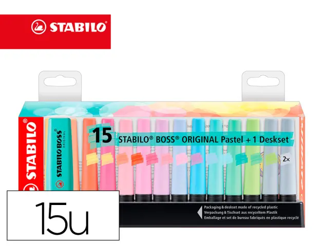 Imagen Rotulador stabilo boss fluorescente 70 pastel deskset estuche de 15 unidades colores surtidos