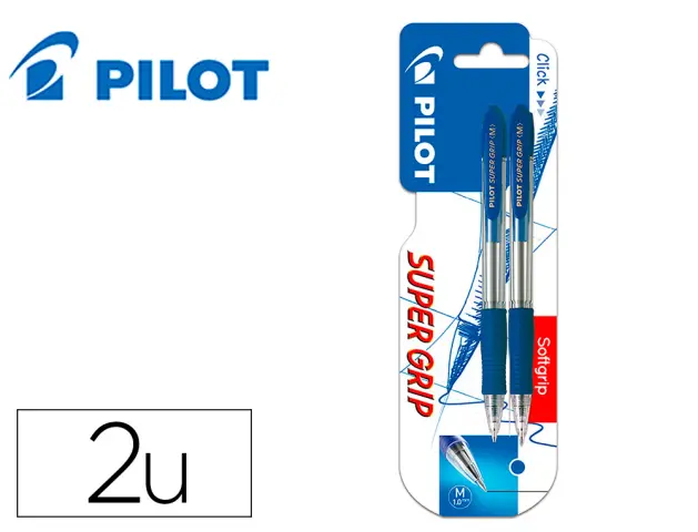 Imagen Boligrafo pilot super grip azul retractil sujecion de caucho tinta base de aceite en blister de 2 unidades