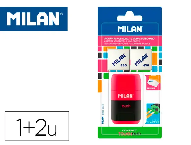 Imagen Sacapuntas milan compact touch duo plastico 2 usos con goma + 2 recambios de goma en blister