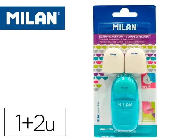 Imagen Sacapuntas milan capsule plastico 1 uso con goma + 2 recambios de goma en blister