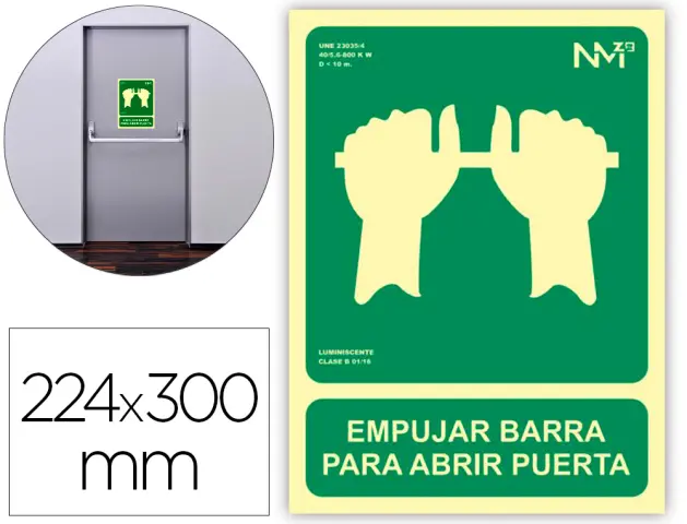 Imagen Pictograma archivo 2000 empujar barra para abrir puerta pvc verde luminiscente 224x300 mm