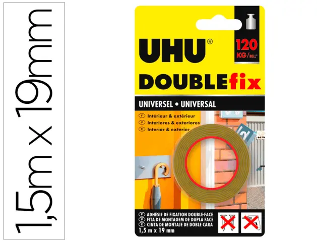 Imagen Cinta adhesiva uhu doublefix marron doble cara extra fuerte 1,5 m x 19 mm