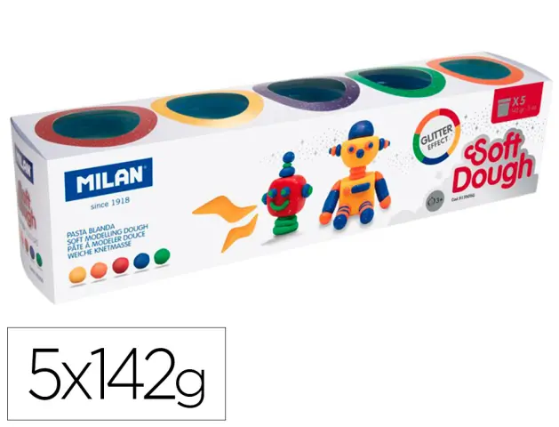 Imagen Pasta milan para modelar soft dough glitter caja de 5 botes colores surtidos 142 g