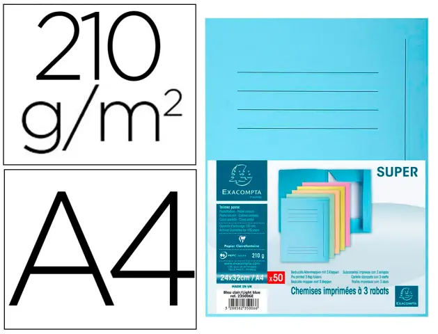 Imagen Subcarpeta cartulina con 3 solapas exacompta din a4 impresa azul claro 210 gr