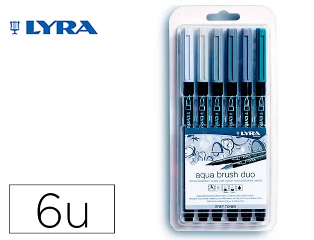 Imagen Rotulador lyra aqua brush acuarelable doble punta y pincel tonos grises blister de 6 unidades surtidas