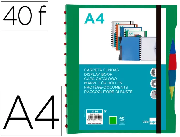 Imagen Carpeta liderpapel a4 con 40 fundas intercambiables 5 sep sobre y gomilla portada y lomo personalizable verde