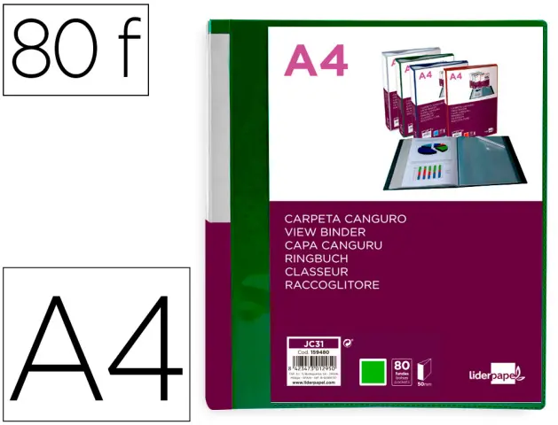 Imagen Carpeta liderpapel 80 fundas canguro pp din a4 verde translucido portada y lomo personalizable