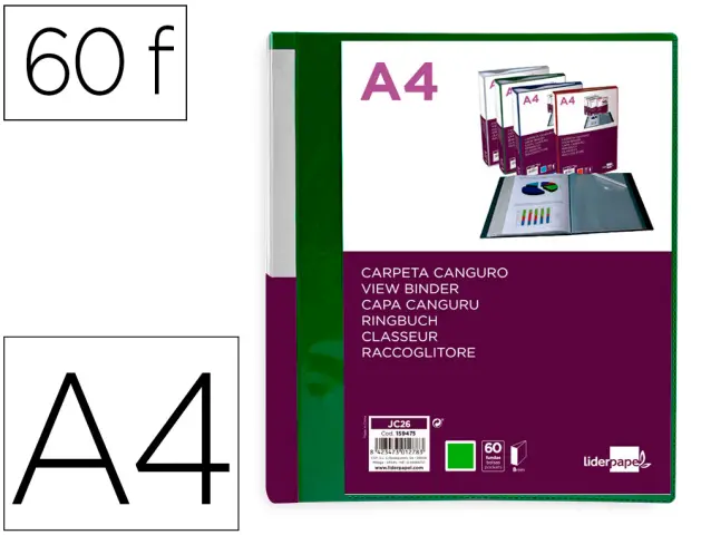 Imagen Carpeta liderpapel 60 fundas canguro pp din a4 verde translucido portada y lomo personalizable