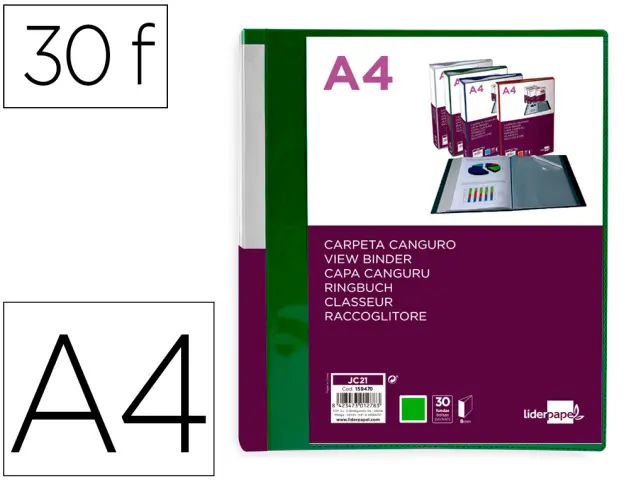 Imagen Carpeta liderpapel 30 fundas canguro pp din a4 verde translucido portada y lomo personalizable