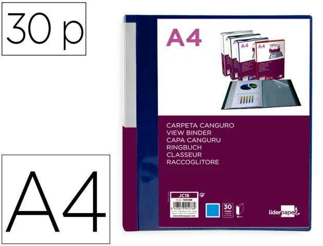 Imagen Carpeta liderpapel 30 fundas canguro pp din a4 azul translucido portada y lomo personalizable