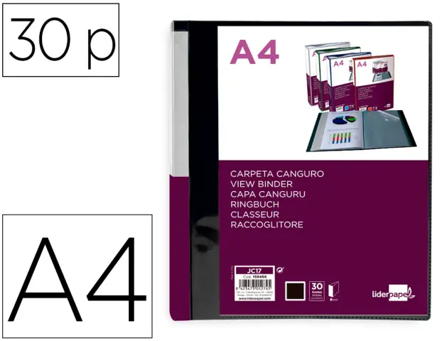 Imagen Carpeta liderpapel 30 fundas canguro pp din a4 negro opaco portada y lomo personalizable