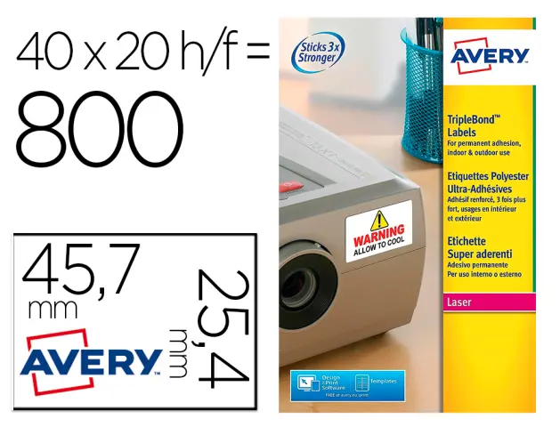 Imagen Etiqueta adhesiva avery poliester super adherente blanca 45,7x25,4 mm impresora laser pack de 800 unidades