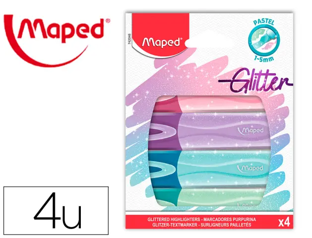 Imagen Rotulador maped fluorescente peps pastel con glitter estuche de 4 unidades colores surtidos