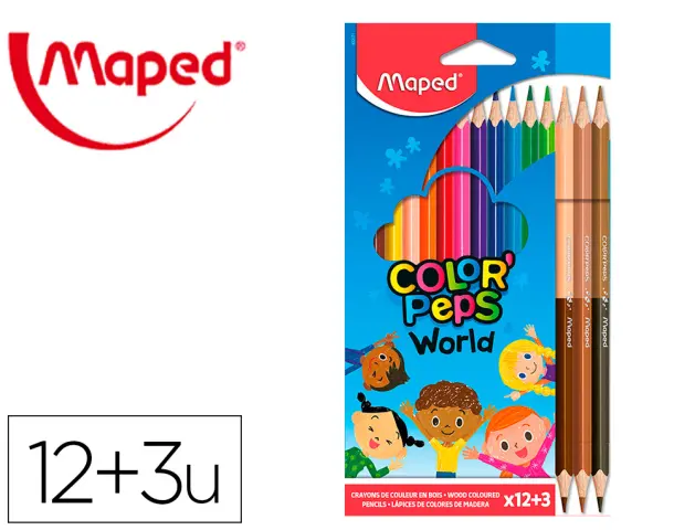 Imagen Lapices de colores maped color peps world caja de 12 colores surtidos + 3 duo tonos de piel