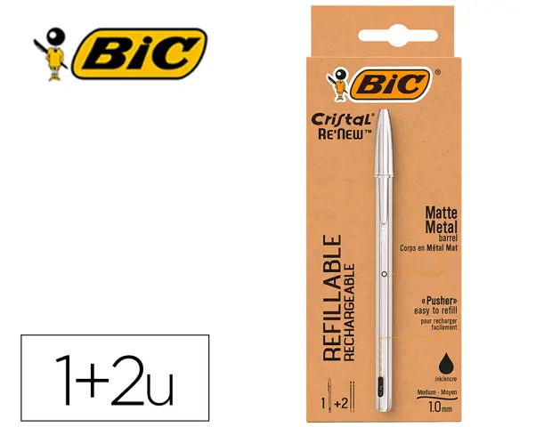 Imagen Boligrafo bic cristal renew tinta negra pack de 1 unidad + 2 recambios