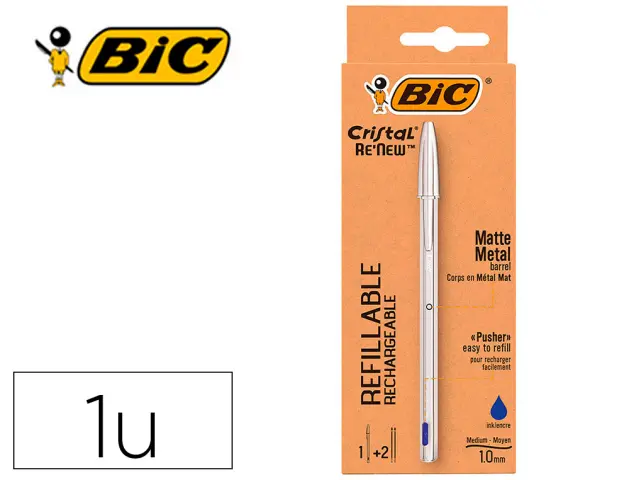 Imagen Boligrafo bic cristal renew tinta azul pack de 1 unidad + 2 recambios