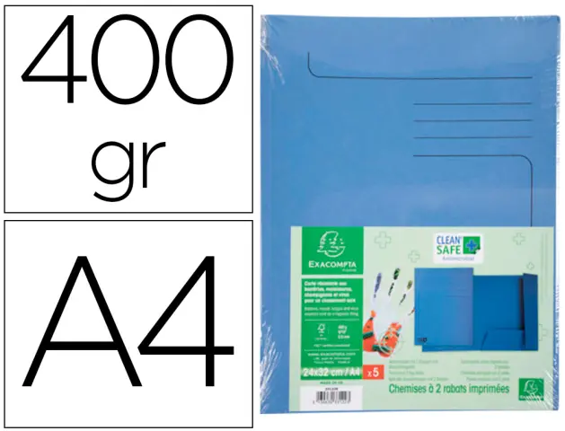 Imagen Subcarpeta cartulina exacompta clean safe din a4 con 2 solapas azul 400 gr paquete de 5 unidades