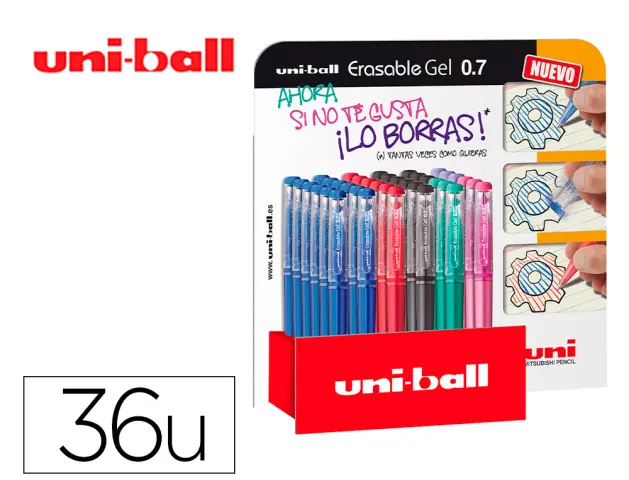 Imagen Rotulador uni-ball roller uf-222 tinta gel borrable 0,7 mm expositor de 36 unidades colores surtidos