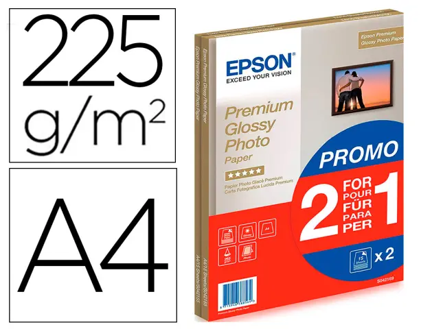 Imagen Papel fotografico epson premiun glossy photo satinado din a4 promo 2 x 15 hojas 225 gr