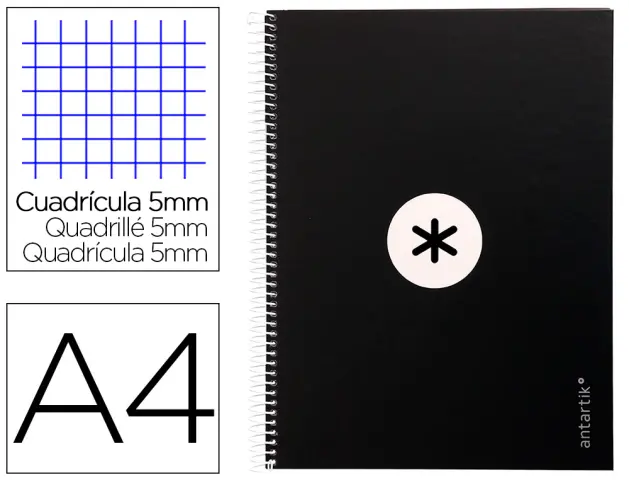 Imagen Cuaderno espiral liderpapel a4 micro antartik tapa forrada 80h 90 gr cuadro 5mm 1 banda 4 taladros negro