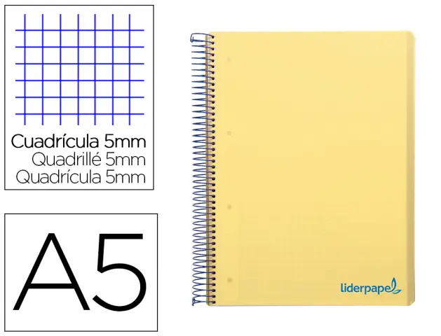 Imagen Cuaderno espiral liderpapel a5 micro wonder tapa plastico 120h 90g cuadro 5mm 5 bandas 6 taladros color amarillo