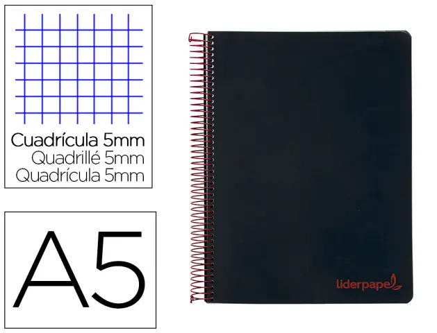 Imagen Cuaderno espiral liderpapel a5 micro wonder tapa plastico 120h 90g cuadro 5mm 5 bandas 6 taladros color negro