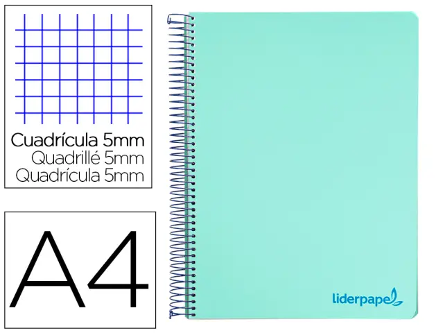 Imagen Cuaderno espiral liderpapel a4 micro wonder tapa plastico 120h 90 gr cuadro 5 mm 5 bandas 4 taladros color verde