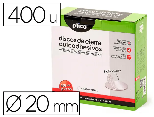 Imagen Disco de cierre plico velcro autoadhesivo 20 mm diametro color blanco caja de 400 unidades