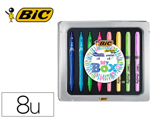 Imagen Set bic caja metalica 4 gelocity quick dry colores surtidos + 4 fluorescentes grip colores pastel surtidos