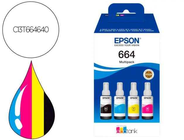 Imagen Ink-epson /664 4 clr multipack (bk / c / m / y) ecotank l300 / l355 / l555 / et-2500 / et-2550 / et-2600 /