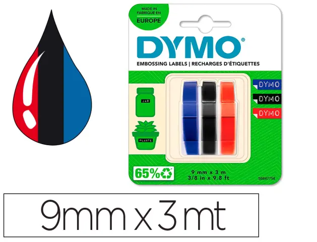 Imagen Cinta dymo 3d 9mm x 3mt para rotuladora omega/junior color azul/negro/rojo blister 3 unidades