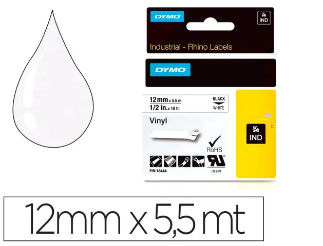 Imagen Cinta dymo vinilo blanco 12mm x 5,5mt para etiquetadora rhino