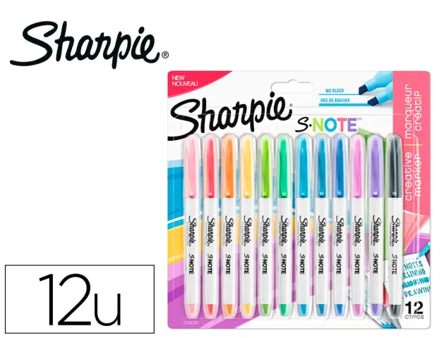 Imagen Rotulador sharpie permanente s-note punta biselada trazo 1,2 /3,87 mm blister 12 unidades colores surtidos