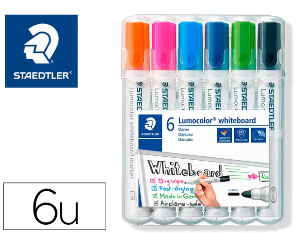 Imagen Rotulador staedtler lumocolor 351 para pizarra blanca punta redonda 2 mm recargable estuche 6 unidades colores