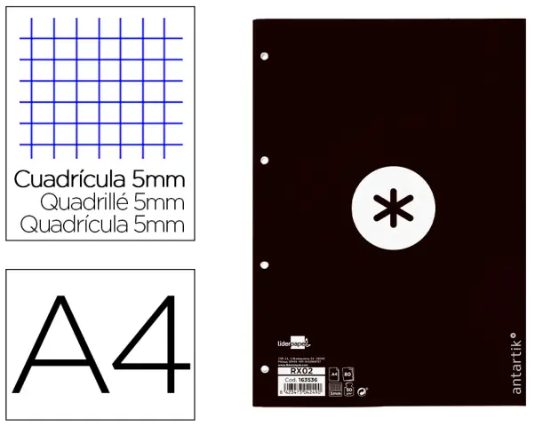 Imagen Recambio liderpapel a4 antartik 80 hojas 90g/m2 cuadro 5 mm 4 taladros 1 banda marco color negro