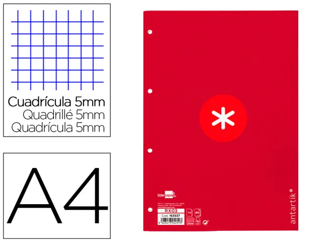 Imagen Recambio liderpapel a4 antartik 80 hojas 90g/m2 cuadro 5 mm 4 taladros 1 banda marco color frambuesa