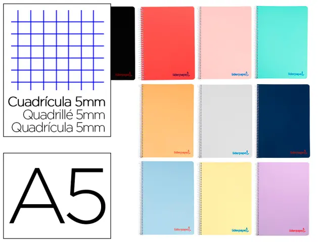 Imagen Cuaderno espiral liderpapel a5 wonder tapa plastico 80h 90gr cuadro 5mm con margen colores surtidos