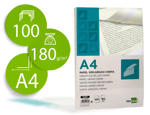 Imagen Papel verjurado liderpapel a4 180g/m2 crema paquete de 100 hojas