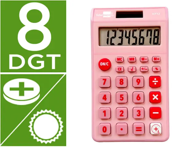 Imagen Calculadora liderpapel bolsillo xf12 8 digitos solar y pilas color rosa 115x65x8 mm