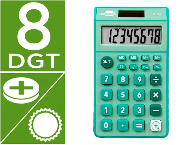 Imagen Calculadora liderpapel bolsillo xf13 8 digitos solar y pilas color verde 115x65x8 mm
