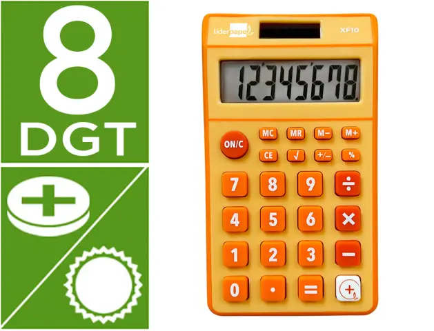 Imagen Calculadora liderpapel bolsillo xf10 8 digitos solar y pilas color naranja 115x65x8 mm
