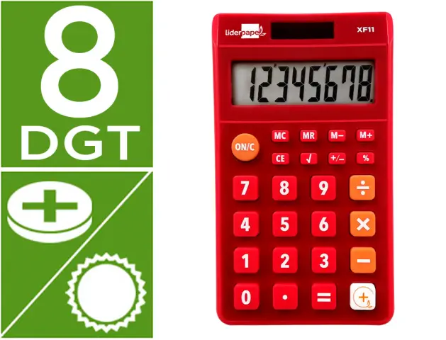 Imagen Calculadora liderpapel bolsillo xf11 8 digitos solar y pilas color rojo 115x65x8 mm