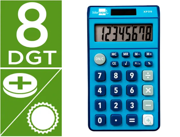 Imagen Calculadora liderpapel bolsillo xf09 8 digitos solar y pilas color azul 115x65x8 mm